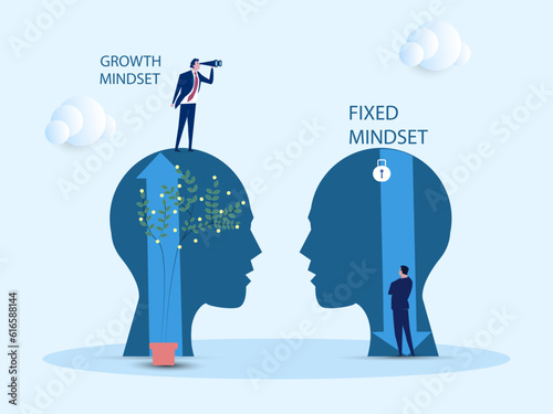 Big head human think growth mindset different fixed mindset concept. vector illustration.