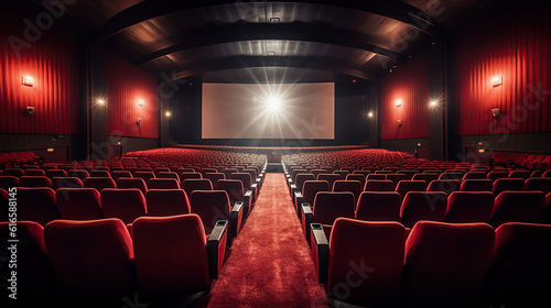Movie Theater with empty seats and projector. Generative Ai