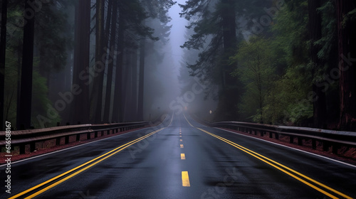 Foggy Straight Redwood Highway. Generative Ai © Malika