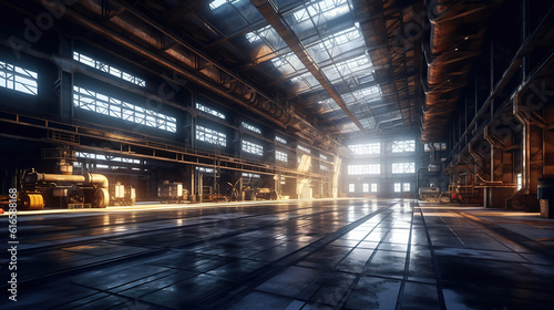 The interior of a big industrial building or factory with steel constructions. Generative Ai