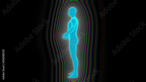 The blue holographic man emits a multicolored aura around himself. Seamless loop.