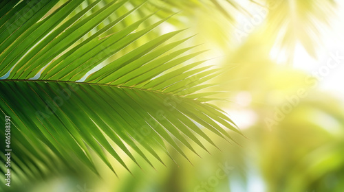 Blur beautiful nature green palm leaf on tropical beach with bokeh sun light wave abstract background. Generative Ai
