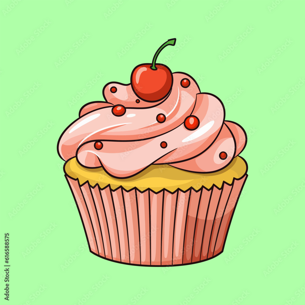 Vector illustration of a cupcake with cream and cherry on blue background
