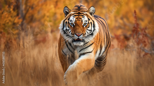Siberian Tiger running. Beautiful  dynamic and powerful photo of this majestic animal. Generative Ai