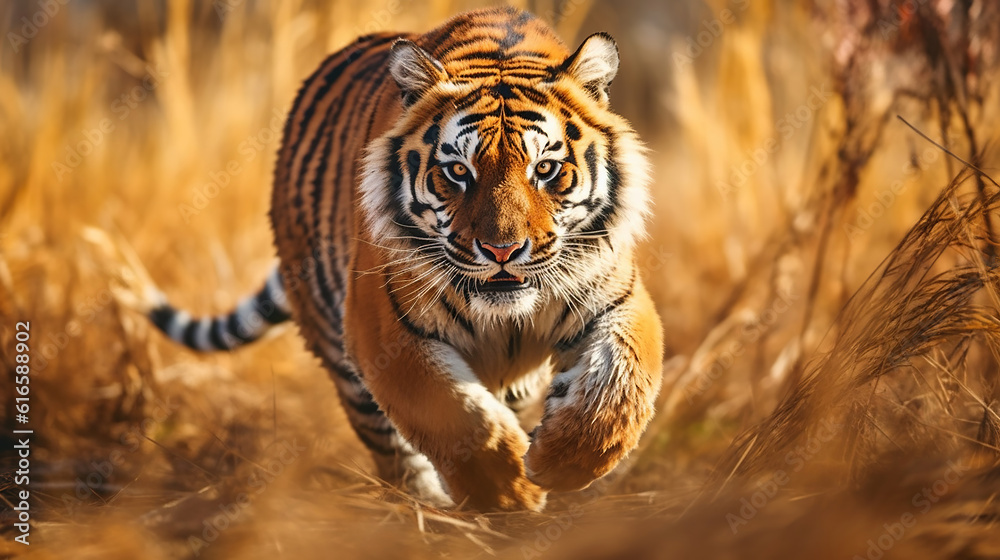 Fototapeta Siberian Tiger running. Beautiful, dynamic and powerful photo of this majestic animal. Generative Ai