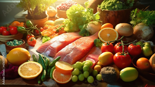 Frozen fish and meat, in Japanese style, with a clean and comfortable overall atmosphere, with sunlight shining on vegetables and fruits. Generative Ai