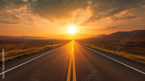 Empty long mountain road to the horizon on a sunny summer day at bright sunset. Generative Ai © Malika