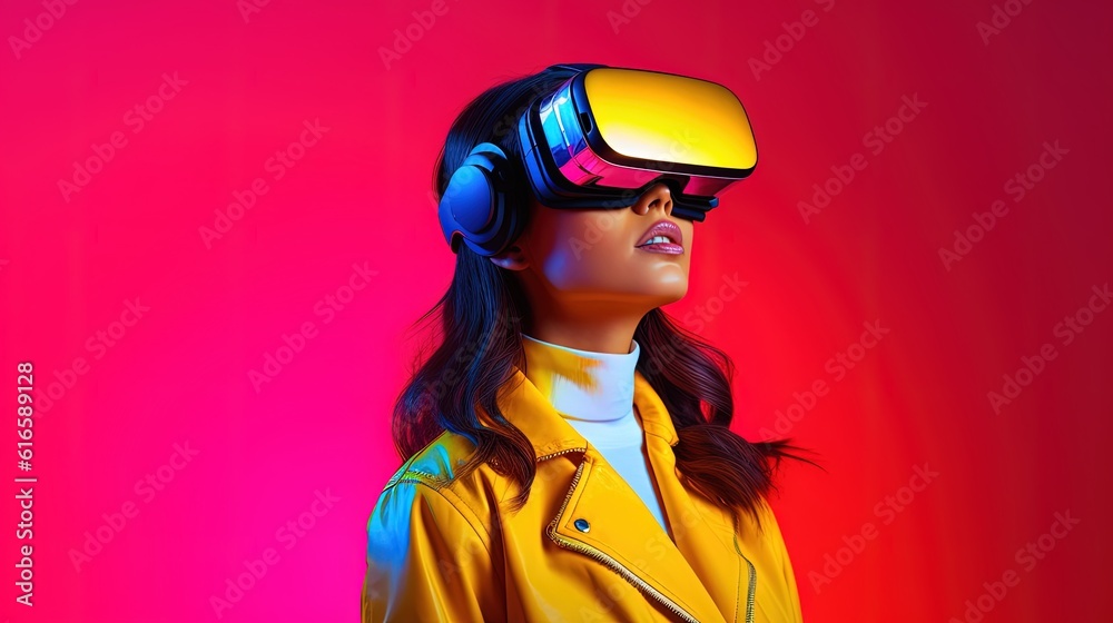 Portrait of a beautiful asian woman wearing virtual reality goggles.Generative Ai Portrait of a beautiful asian woman wearing virtual reality goggles.Generative Ai