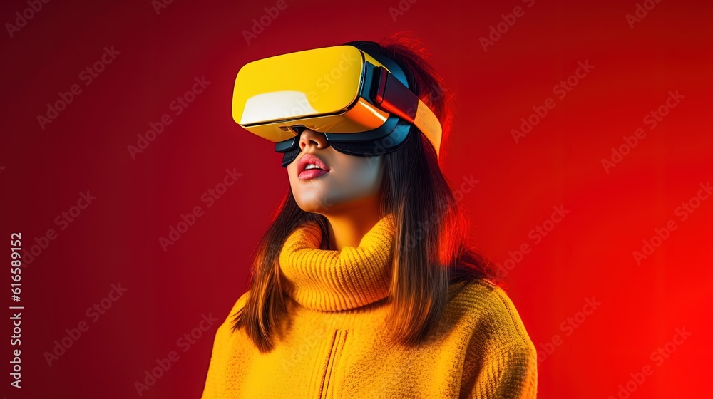 Portrait of a beautiful asian woman wearing virtual reality goggles.Generative Ai