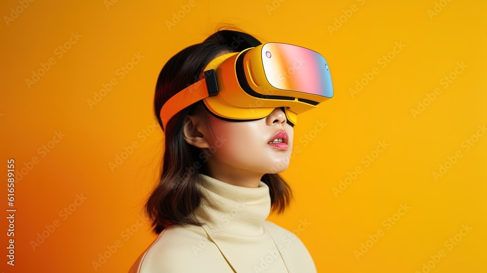 Portrait of a beautiful asian woman wearing virtual reality goggles.Generative Ai Portrait of a beautiful asian woman wearing virtual reality goggles.Generative Ai