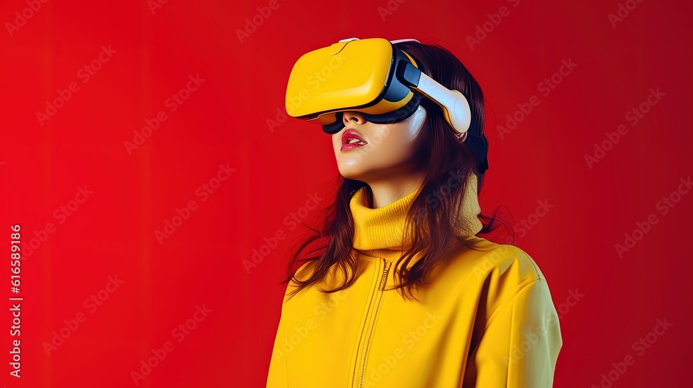 Portrait of a beautiful asian woman wearing virtual reality goggles.Generative Ai Portrait of a beautiful asian woman wearing virtual reality goggles.Generative Ai