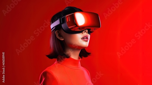 Portrait of a beautiful asian woman wearing virtual reality goggles.Generative Ai © Rudsaphon