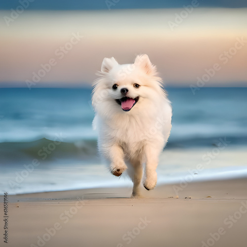 cute white dog on the beach