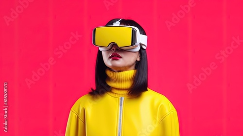 Portrait of a beautiful asian woman wearing virtual reality goggles.Generative Ai