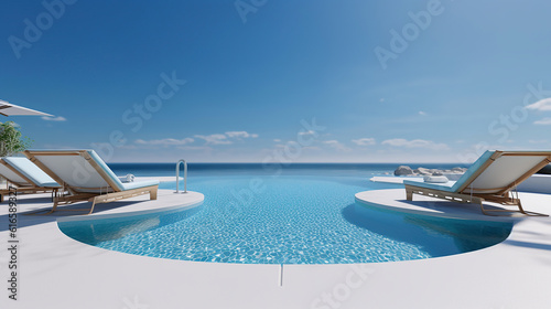 The edge Luxury swimming pool with white fashion deckchairs on the beach. Generative Ai © Malika