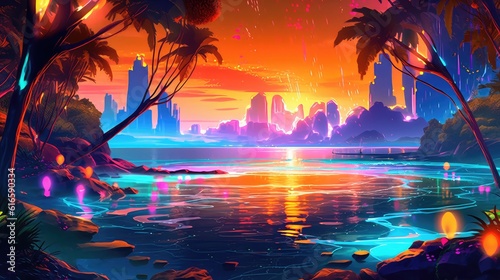 neon city skyline of virtual reality with ocean, buildings in the horizon, sea beach, mountain and sky , metavarse world of fascinating artificial intelligence