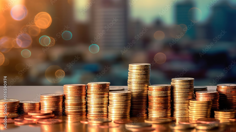 Double exposure of graph and rows of coins for finance and business concept. Generative Ai Double exposure of graph and rows of coins for finance and business concept. Generative Ai