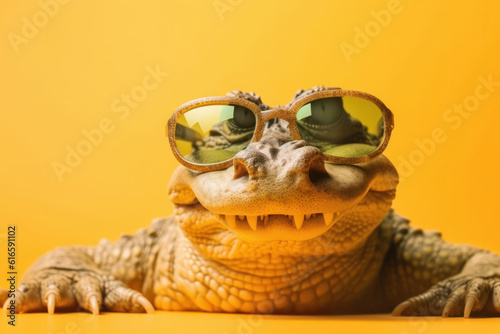 A perfect mix of danger and style a crocodile in sunglasses close-up on a yellow background. Wildlife at its coolest. AI Generative.