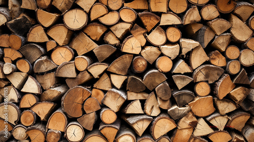 Natural wooden background closeup of chopped firewood. Firewood stacked and prepared for winter Pile of wood logs. Generative Ai
