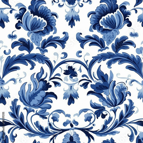 Seamless pattern in Dutch delft blue and white traditional handpainted.  Generative AI.