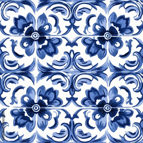 Seamless pattern in Dutch delft blue and white traditional handpainted.  Generative AI.