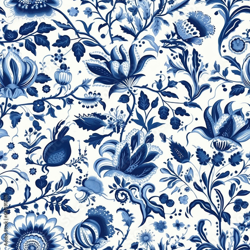 Seamless pattern in Dutch delft blue and white traditional handpainted.  Generative AI.