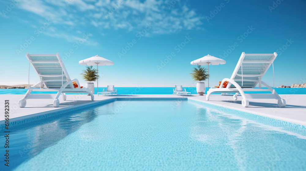 The edge Luxury swimming pool with white fashion deckchairs on the beach. Generative Ai - obrazy, fototapety, plakaty 