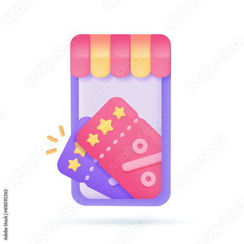 Mobile phones with awnings offer customers special discounts. Online shop concept. 3D illustration.