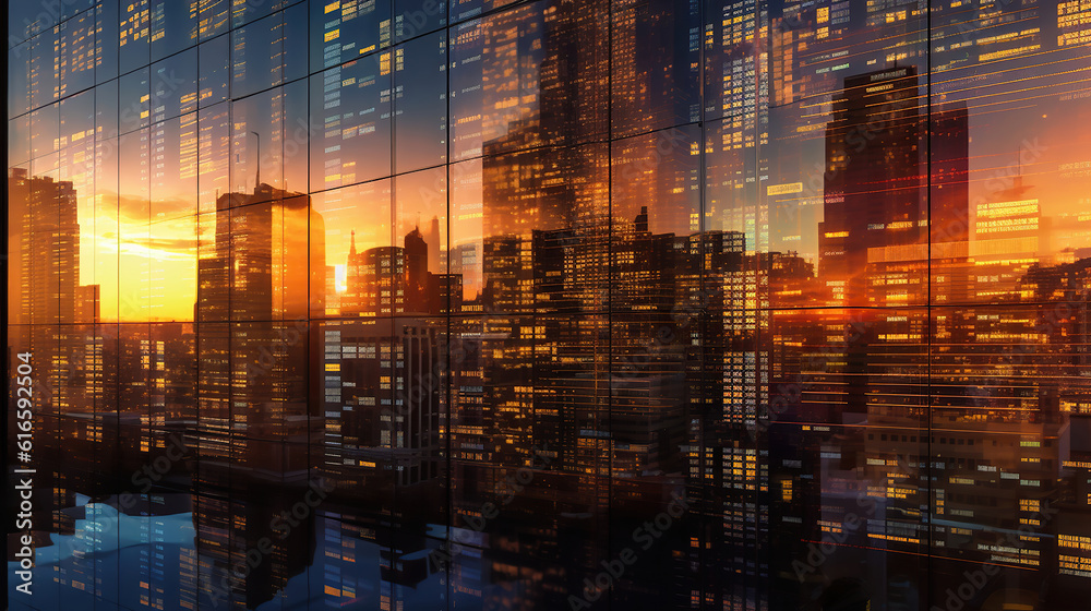custom made wallpaper toronto digitalDisplay of Stock market quotes with city scene reflect on glass. Generative Ai
