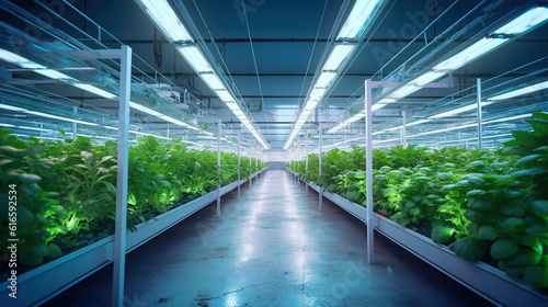 Greenhouse Plant row Grow with LED Light Indoor Farm Agriculture Technology. Generative Ai