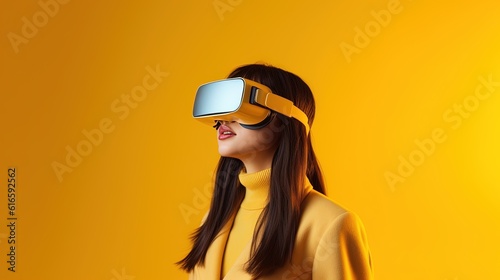 Portrait of a beautiful asian woman wearing virtual reality goggles.Generative Ai