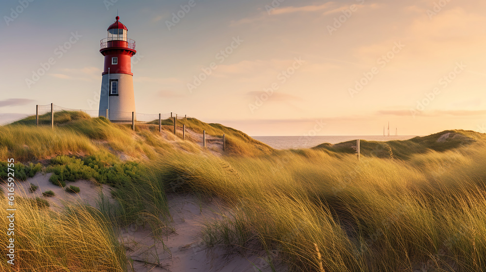 Panoramic view of a lighthouse standing at the coast. Generative Ai Panoramic view of a lighthouse standing at the coast. Generative Ai