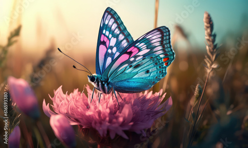 blue butterfly with petals and flowers in the field in sunset