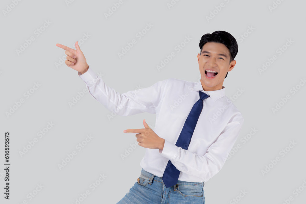 Portrait young asian business man pointing and presenting isolated on white background, advertising and marketing, executive and manager, businessman confident showing something with expression. Portrait young asian business man pointing and presenting isolated on white background, advertising and marketing, executive and manager, businessman confident showing something with expression.