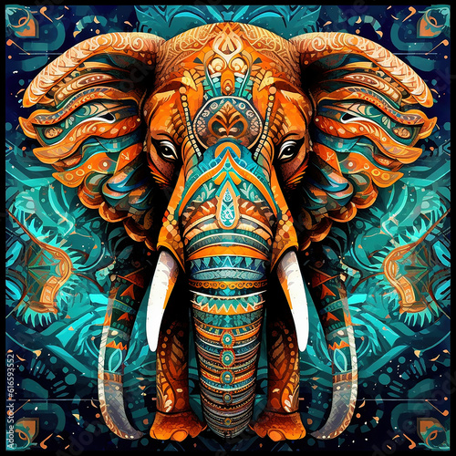 Colorful elephant painted with tribal patterns against a blue textured background   Generative AI.
