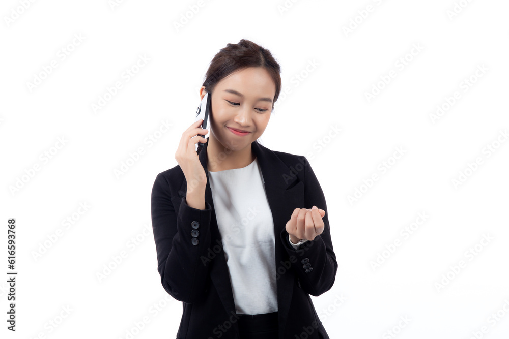 Young asian business woman in suit talking on smart phone isolated on white background, businesswoman speaking on smartphone with conversation, female holding cell phone, communication concept. Young asian business woman in suit talking on smart phone isolated on white background, businesswoman speaking on smartphone with conversation, female holding cell phone, communication concept.