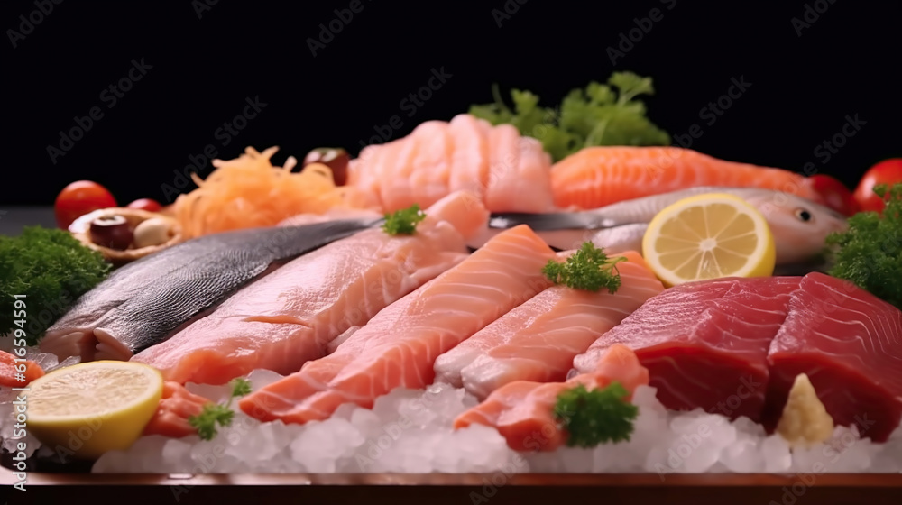 Frozen fish and meat, in Japanese style, with a clean and comfortable overall atmosphere, with sunlight shining on vegetables and fruits. Generative Ai