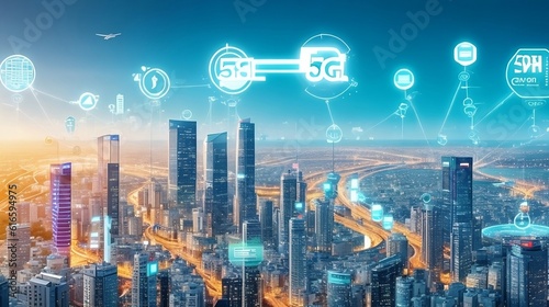 Smart city and communication network concept. 5G. Technology