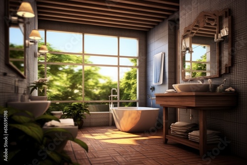 Realistic bathroom interior design. Generative AI © kardaska