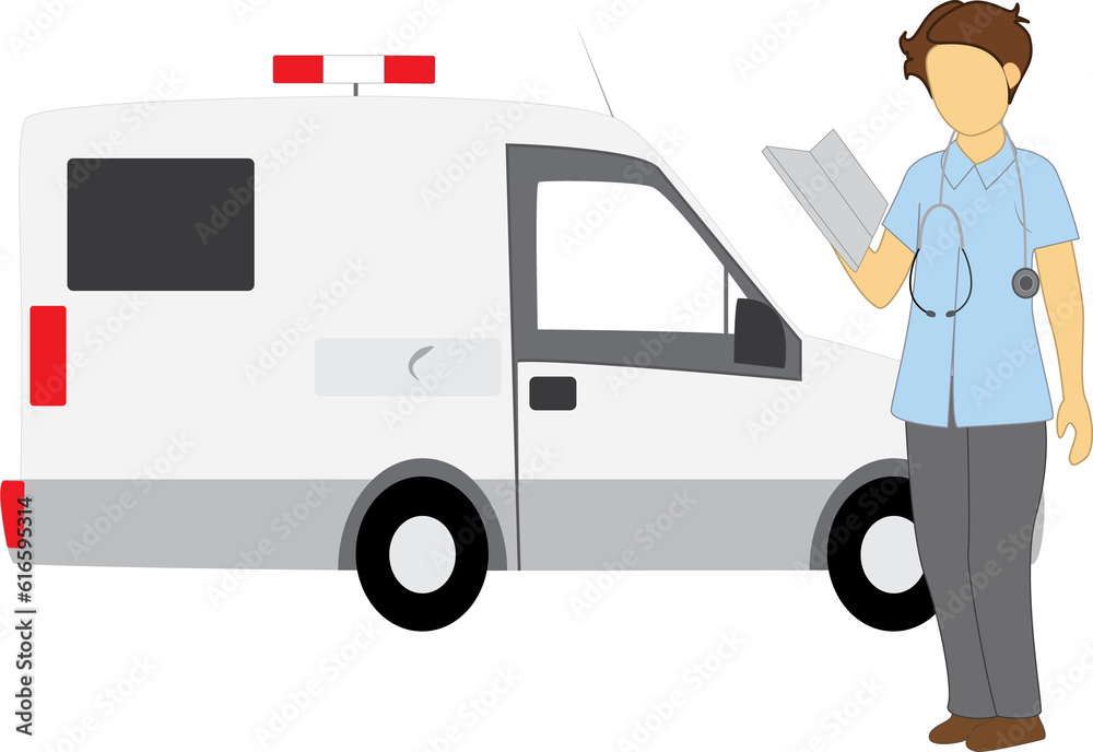 Hand drawn doctor cartoon illustration with ambulance vehicle Hand drawn doctor cartoon illustration with ambulance vehicle