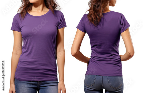 Photo realistic female purple t-shirts with copy space, front, and back view