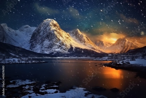 Beautiful winter landscape with mountain river and starry sky at night.Generative Ai