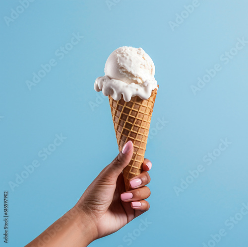 Ice cream cone on a blue background. The woman holding the ice cream by hand. Made with genertaive ai photo