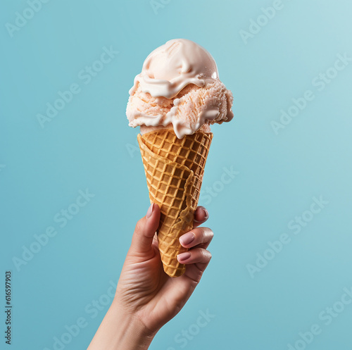 Ice cream cone on a blue background. The woman holding the ice cream by hand. Made with genertaive ai photo