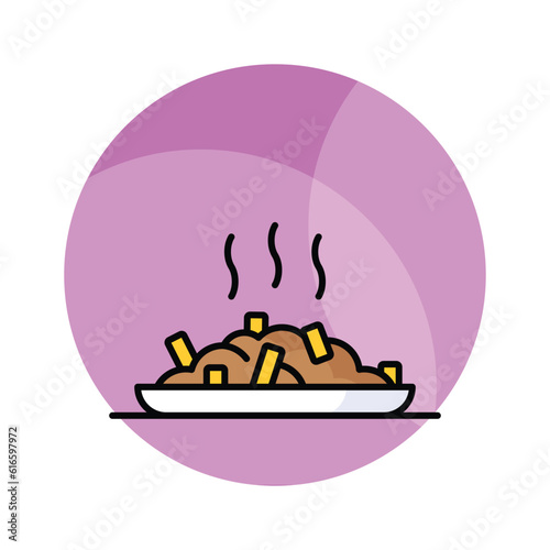 Poutine icon traditional quebec meal with french fries gravy and cheese curds, Vector illustration isolated on white background