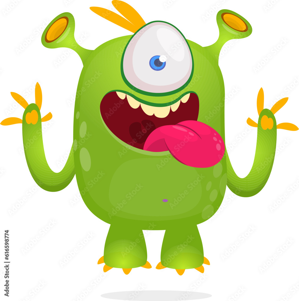 Funny cartoon one eyed monster waving hands. Halloween vector illustration. Great for package or party decoration Funny cartoon one eyed monster waving hands. Halloween vector illustration. Great for package or party decoration