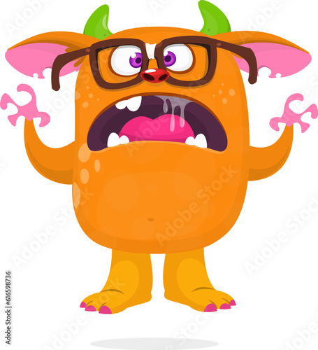 Happy cartoon monster wearing eyeglases and waving hands. Halloween vector illustration.