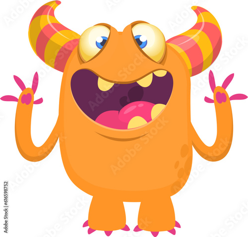 Happy cartoon monster waving hands. Halloween vector illustration. Great for package or party decoration