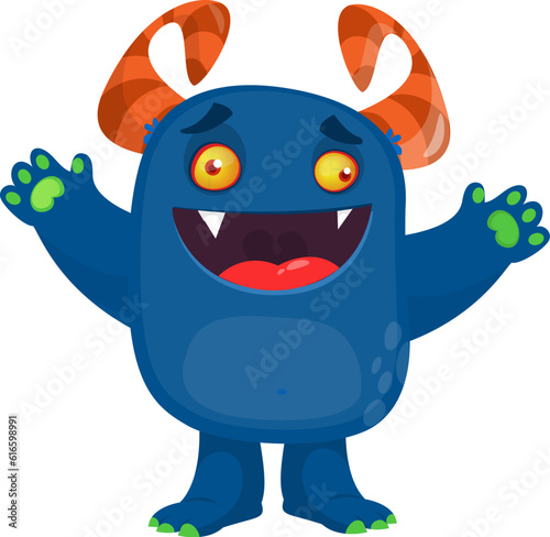 Happy cartoon monster waving hands. Halloween vector illustration. Great for package or party decoration