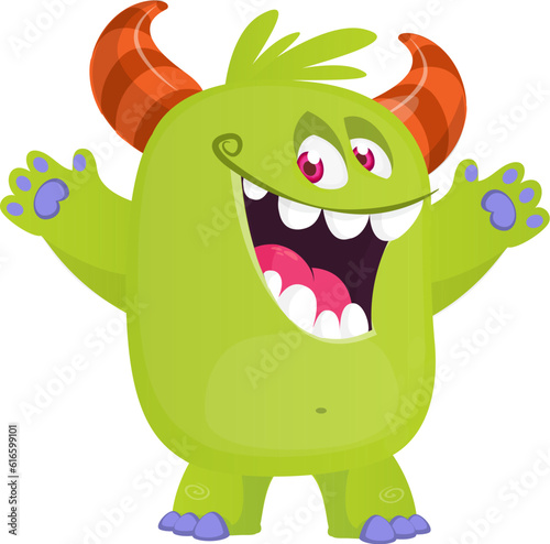 Happy cartoon monster waving hands. Halloween vector illustration. Great for package or party decoration